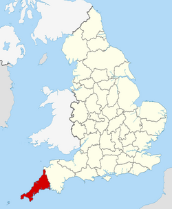 Cornwallin sijainti Englannissa.