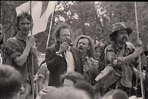 New York City 1978 Central Park. L-R. Stephen DeAngelo, AJ Weberman, Dana Beal, Aron Kay.jpg