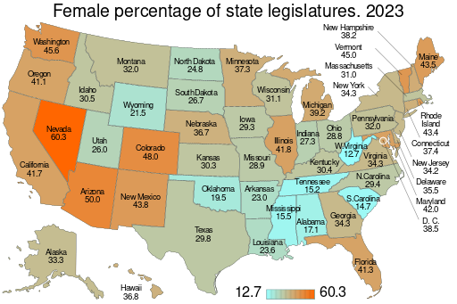 US map. Percentage of state legislature that is female. By state.svg
