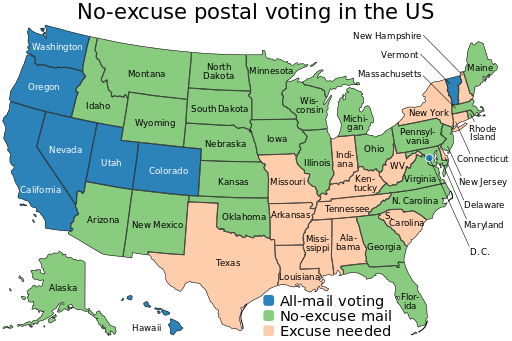 No-excuse postal voting map of the US.svg
