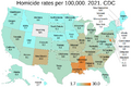 Homicide rates per 100,000 by state. US map.png