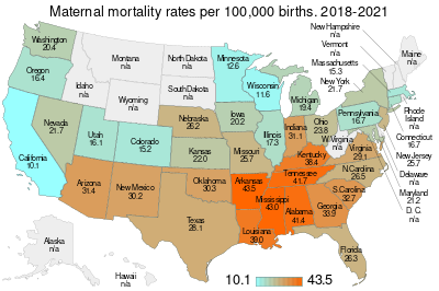 Maternal mortality rates per 100,000 births by state. US map.svg