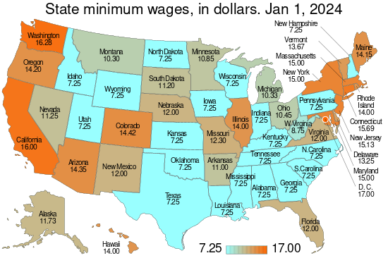 Map of US minimum wage by state.svg