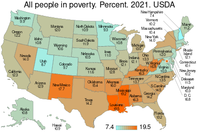 Poverty rates by state. US map.svg