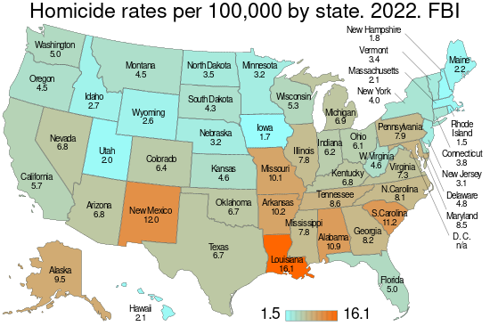 Homicide rates per 100,000 by state. FBI. US map.svg