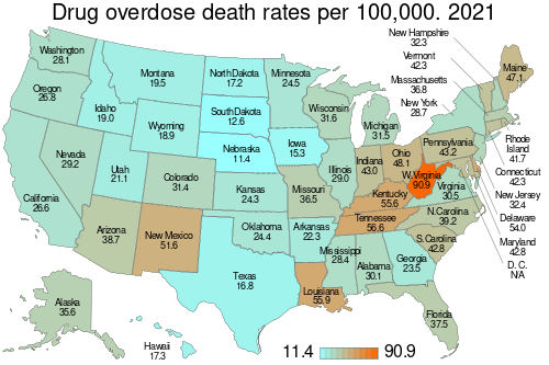 Drug overdose death rates per 100,000 by state. US map.svg