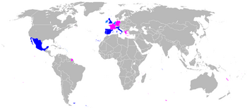 Map of FWA global jurisdiction. Member states in blue, Treaty Protectorates in light blue, and condominiums with the Eastern Union in magenta.
