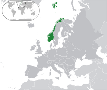 Location of Norway (dark green) on the European continent (dark grey)