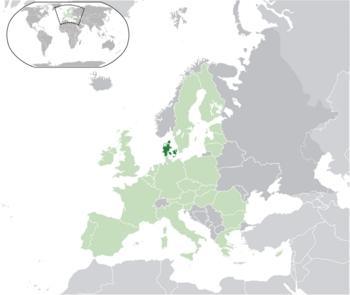 Location of Denmark (dark green) – on the European continent (green & dark grey) – in the European Union (green)