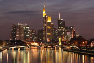Downtown Frankfurt am Main, Germany, seen from Deutschherrn Bridge