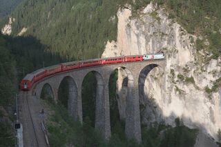 Train of the Rhaetian Railway on the Landwasser Viaduct between Schmitten and Filisur, Helvetica