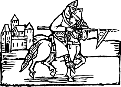 Woodcut illustration of an Agrikan lancer on horseback.