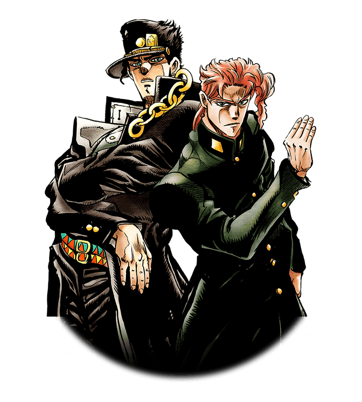 Anime characters, jotaro kujo holding noriaki kakyoin in a dramatic pose