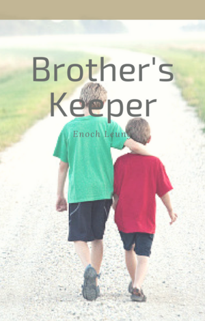 Cover image for Brother's Keeper. Two brothers are walking down a gravel road, with the older brother putting his arm around his younger brother. The name of the story is located near the top, with the author's name just below it.