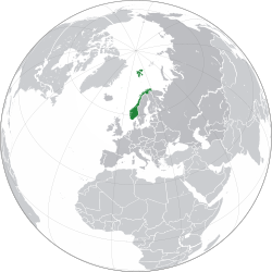 Location of the  Kingdom of Norway  (dark green) in Europe  (dark grey)