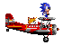 Tails flying the Tornado, while Sonic is poorly aligned on top of it.