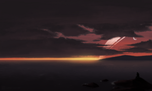 Digital painting of a sunset on Dantacor over the ocean with rings and moons visible in the top-right corner