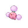 round-bodied creature with two arms ending in large balls of fluff, larger ball of fluff sprouting on top of head, two tiny feet and tiny tail
