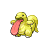 biped with long tongue hanging out, chubby body, short limbs, large tail