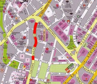 Map of Tanjong Pagar Road with the red strip having a high concentration of gay bars along it. Other gay establishments are also located along Neil Road and nearby areas.