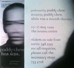 Standing poster of Paddy Chew's play by The Necessary Stage with performance details enlarged on the right.