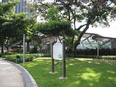 View of the Speakers' Corner signboard with the Clarke Quay MRT station exit visible in the background.