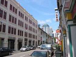 The rows of shophouses along Mosque Street where Cow & Coolies is located.