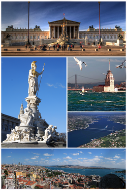 Clockwise from top: Palace of Clemens, Duis Harbor, Pont-du-Prince Carl, Cityscape of Duis, and the Pallas Athena statue