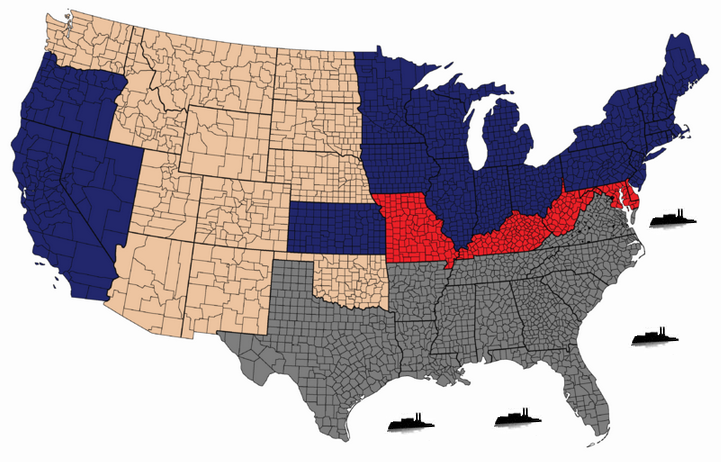 The United States of America, 1861-1865. Clicking a state on this map will take you to that state's home page. The Blue states represent those who remained loyal to the Union during the conflict. The Gray states represent those who rebelled against the Union states and formed the Confederate States of America. The Red states are the border states who had complicated relationships with both sides. The Brown states were actually territories at the time of the conflict and are shown here with modern borders.