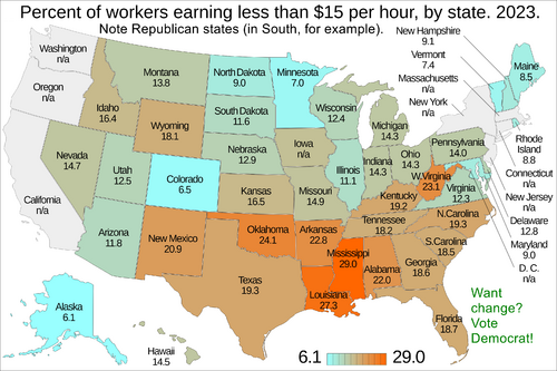 US map. Percent of workers earning less than $15 per hour, by state.png