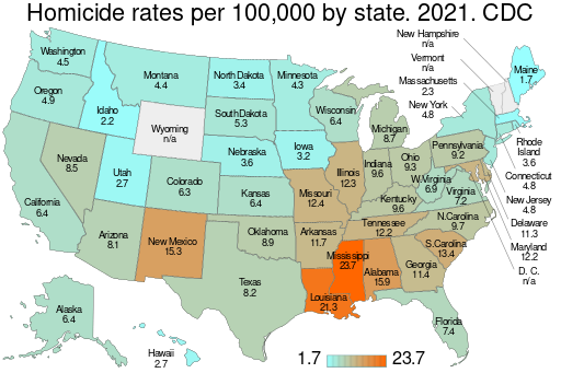 Homicide rates per 100,000 by state. CDC. US map.svg