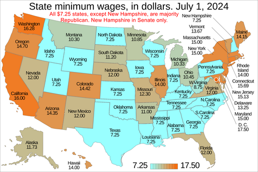 Map of US minimum wage by state. Republican states.png