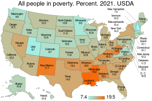 Poverty rates by state. US map.svg