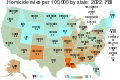 Homicide rates per 100,000 by state. FBI. US map.svg