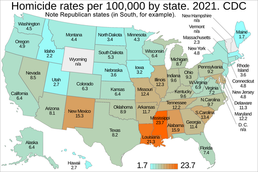 Homicide rates per 100,000 by state. CDC. US map.png