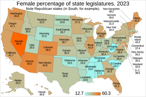 US map. Percentage of state legislature that is female. By state.png