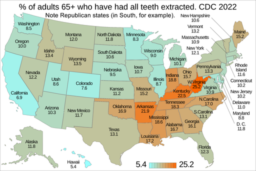 Percent of adults 65+ who have had all teeth extracted. US map.png