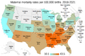 Maternal mortality rates per 100,000 births by state. US map.png