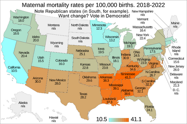 Maternal mortality rates per 100,000 births by state. US map.png