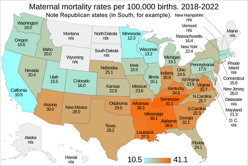 Maternal mortality rates per 100,000 births by state. US map.png