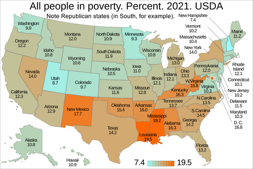 Poverty rates by state. US map.png