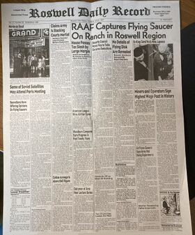 Roswell Daily Record. July 8, 1947. RAAF Captures Flying Saucer On Ranch in Roswell Region. Full front page.jpg