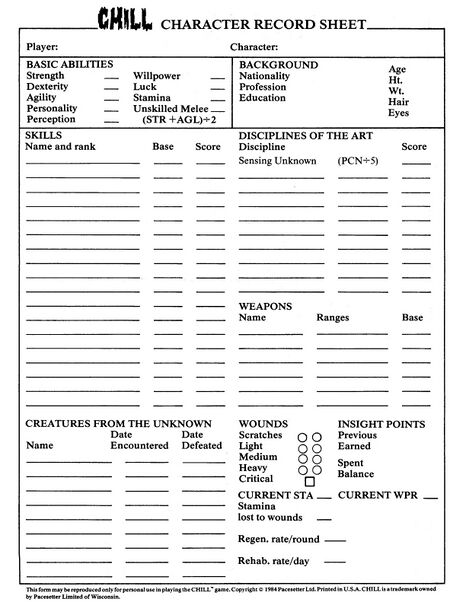 Chill Character Sheets - Chill