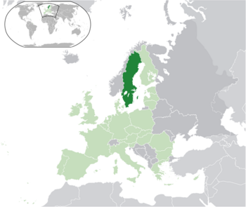 Location of Sweden (dark green) – on the European continent (light green & dark grey) – in the European Union (light green)
