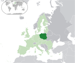 Location of Poland (dark green) – on the European continent (light green & dark grey) – in the European Union (light green)