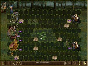 Screenshot from combat on swamp terrain. The hero has cast Quicksand