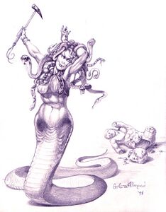 Sketch by George Almond: "Note the war hammer she holds and the shattered statue in the background. My concept was that Medusa first turns her victims to stone and then demolishes them. This was used very effectively in the games opening cinematics."