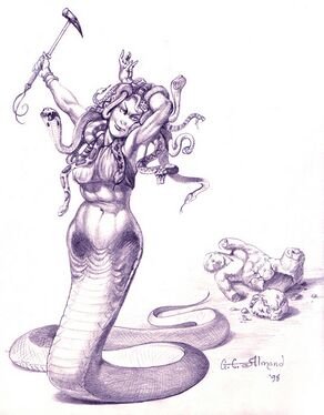 Medusa Queen: Note the war hammer she holds and the shattered statue in the background. My concept was that Medusa first turns her victims to stone and then demolishes them. This was used very effectively in the games opening cinematics.