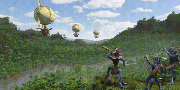 Lizardmen under Pactal attack some Airships on the Couatl Islands (Tarred and Feathered  prologue)