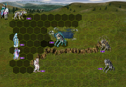 Yuki Onna, Sabertooth, High Elf, and Yeti battling Metal Elementals and their upgrade.